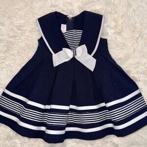 Bonnie Baby Girls Navy Sailor Dress 12M Bow Striped Nautical Holiday Outfit